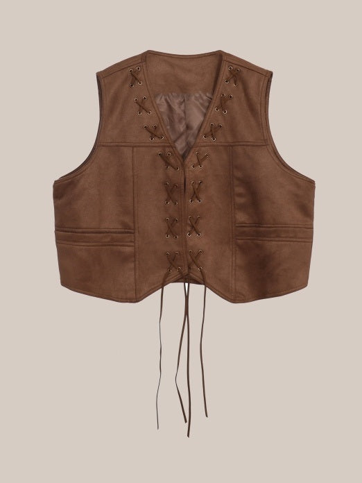 Western style v-neck lace up vest　X3215