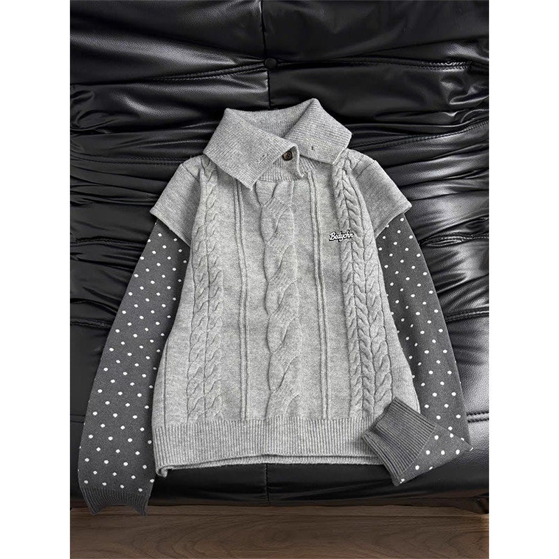 Polka Dot Sleeve Layered Cable Knit Sweater X3726