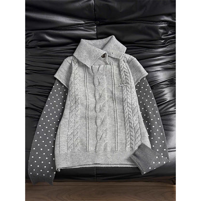 Polka Dot Sleeve Layered Cable Knit Sweater X3726