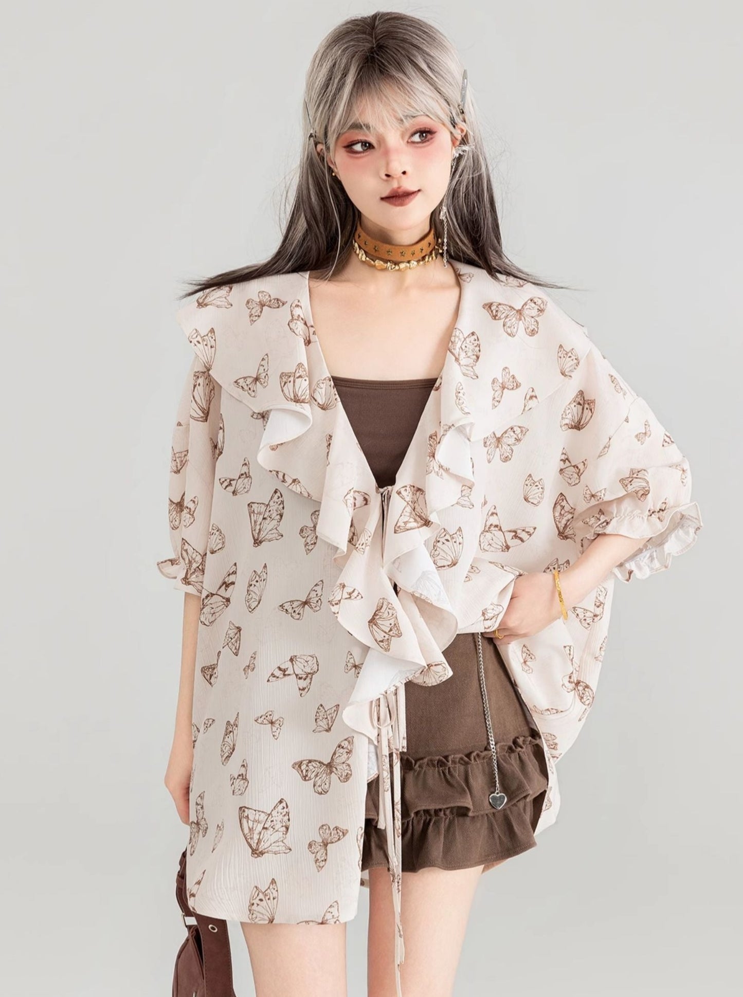 Butterfly print loose lace top X2802