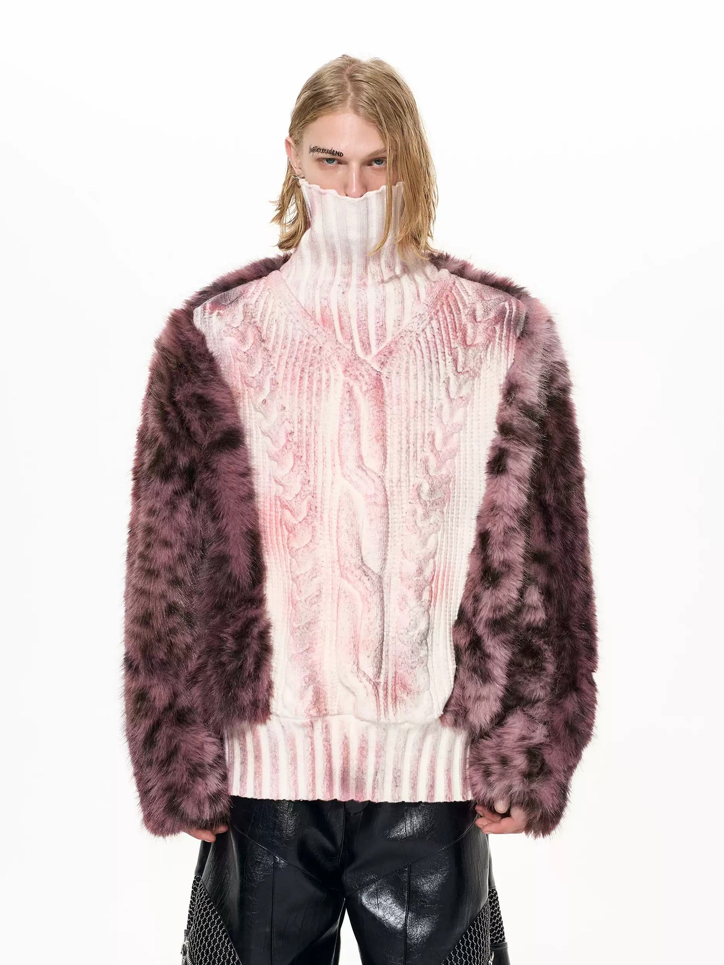 Faux-Fur Panel High-Neck Knit Sweater X3493