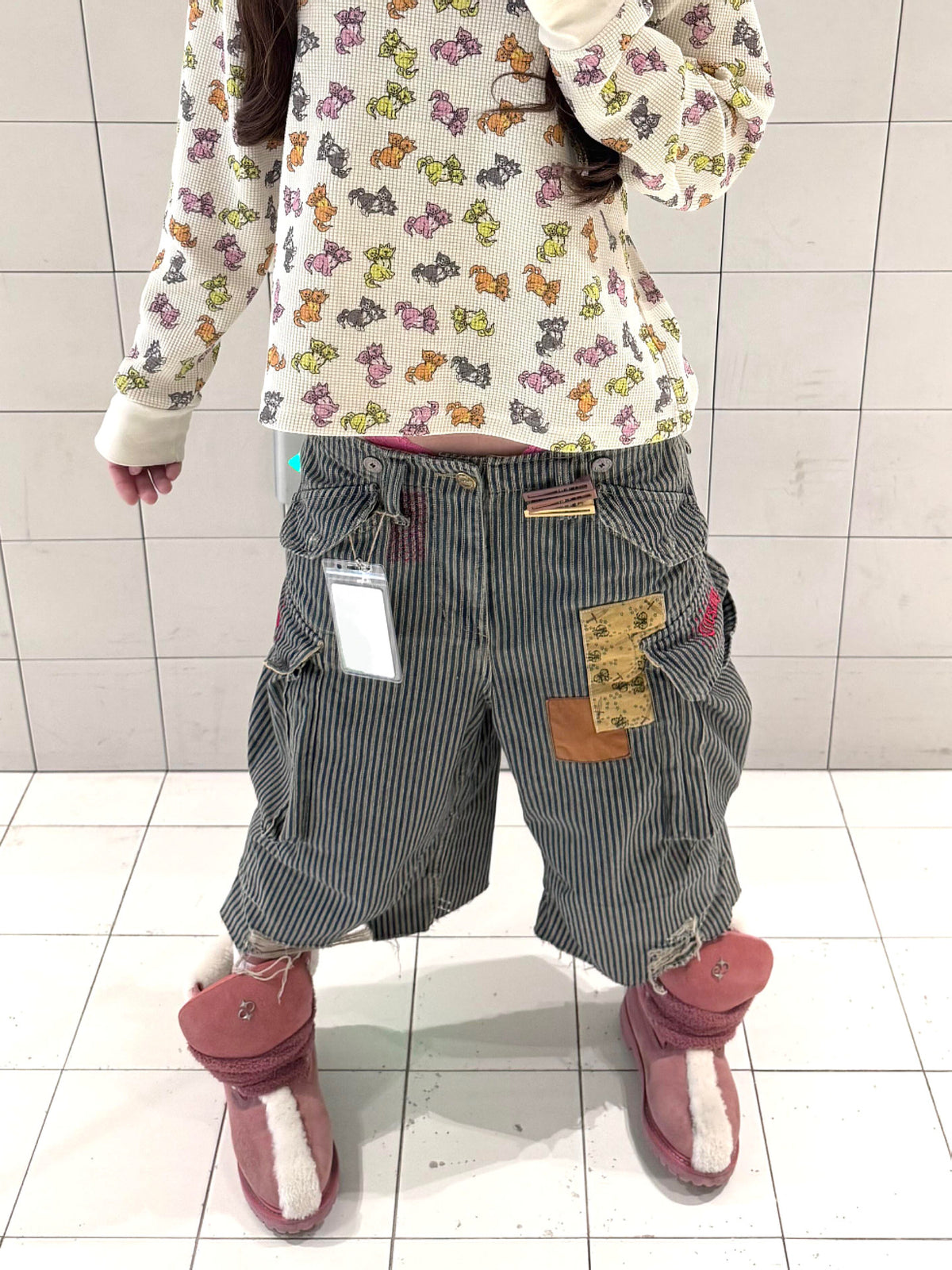 Hickory Stripe Patchwork Wide Cropped Pants　X3706