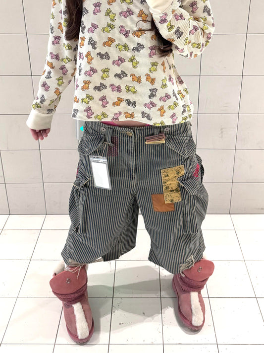 Hickory Stripe Patchwork Wide Cropped Pants　X3706
