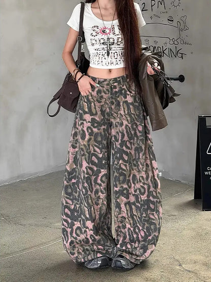 Pink Leopard Balloon Wide Leg Jeans　X3704