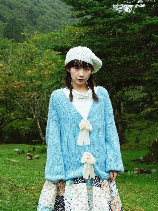 Soft Loose Knit Cardigan with Bow Decoration X3401