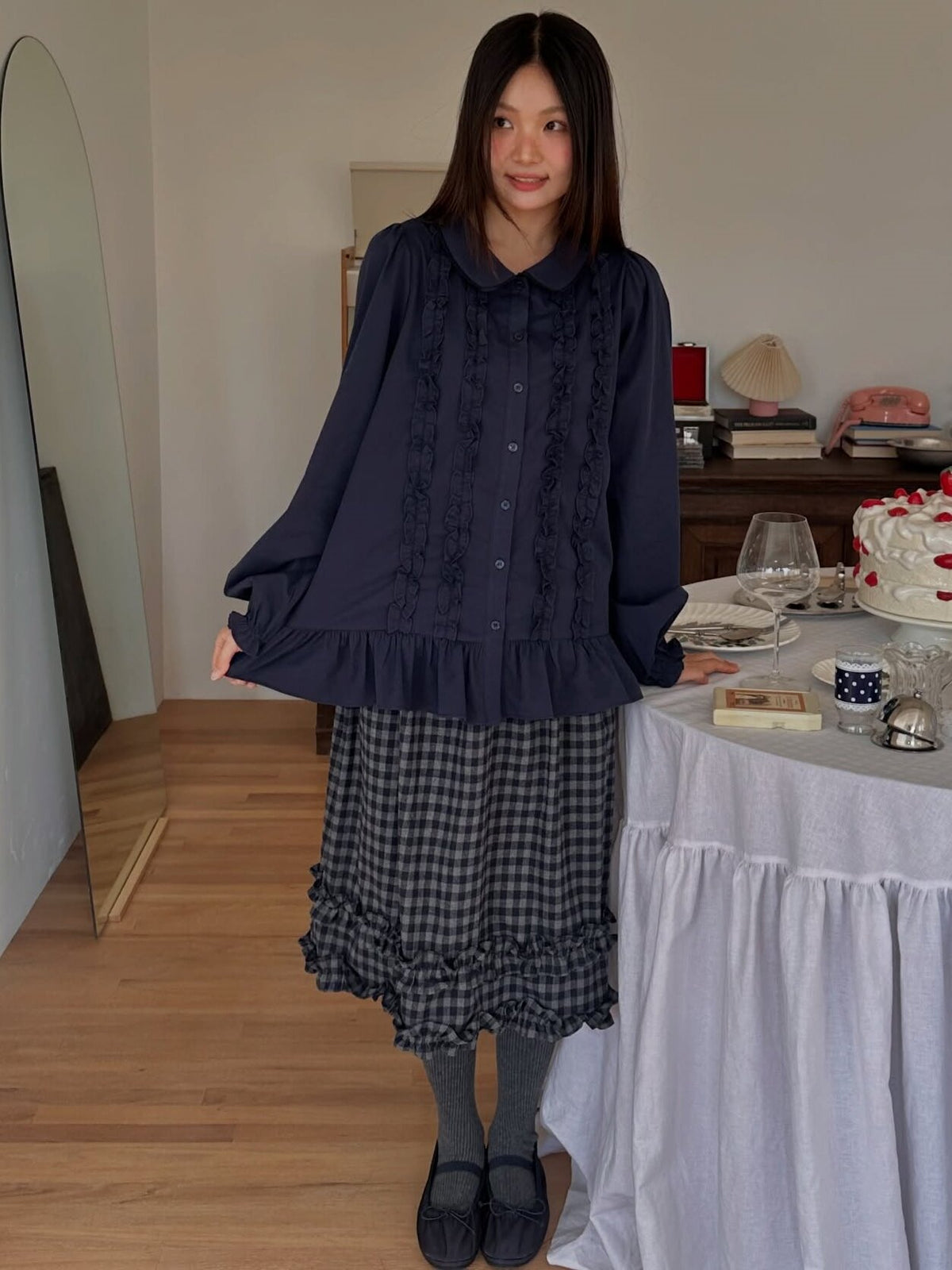 Patchwork Check Frill Midi Skirt X3715
