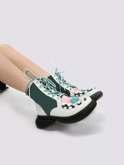 Colorblock Chunky Platform Lace-Up Mid Boots　X3483