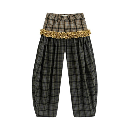 Printed & Check Patchwork Curved Pants with Ruffle Detail　X3507
