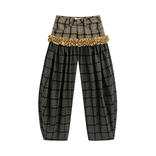 Printed & Check Patchwork Curved Pants with Ruffle Detail　X3507