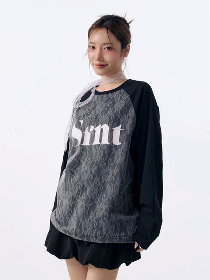 Lace stitching raglan long sleeve T-shirt X3126