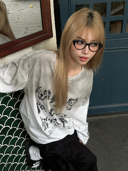 Cat and dog print loose long sleeve T-shirt X3051