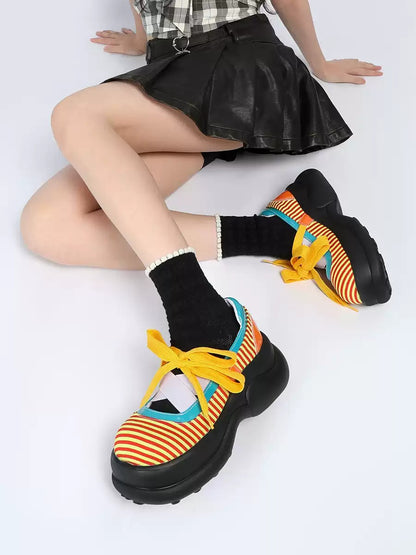 Colorblock Stripe Chunky Platform Lace-Up Shoes　X3481