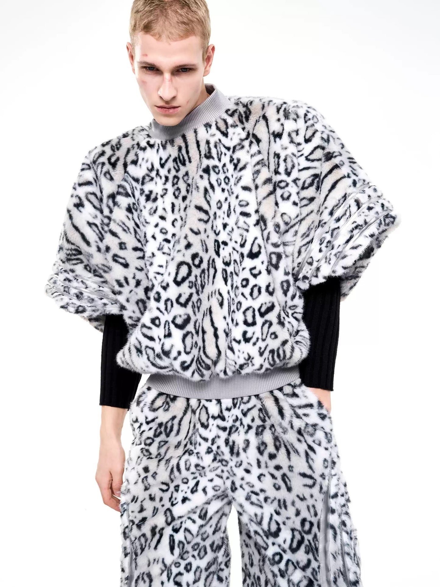Half-High Neck Leopard Print Faux-Fur 3/4 Sleeve Pullover/Pants　X3494