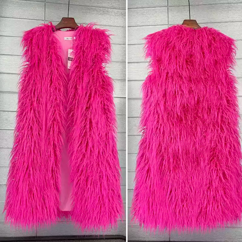 Round neck faux fur long vest jacket X2857