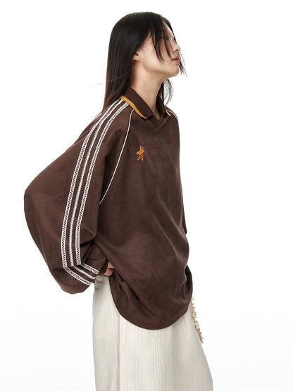 Cocoa Brown Suede Lace Patchwork V-Neck Pullover Sweatshirt　X3330