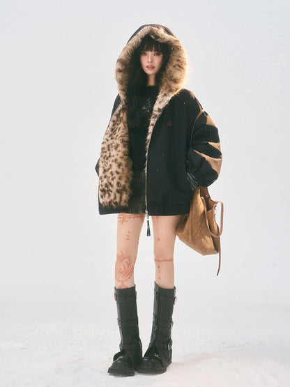 Reversible Leopard Faux Fur Ear Hood Jacket　X3725