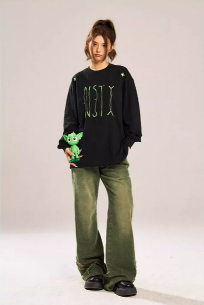 Embroidery letter loose long sleeve t-shirt X3091