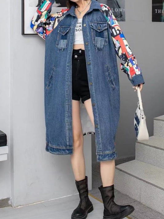 Back Print Stitch Long Denim Jacket X2248