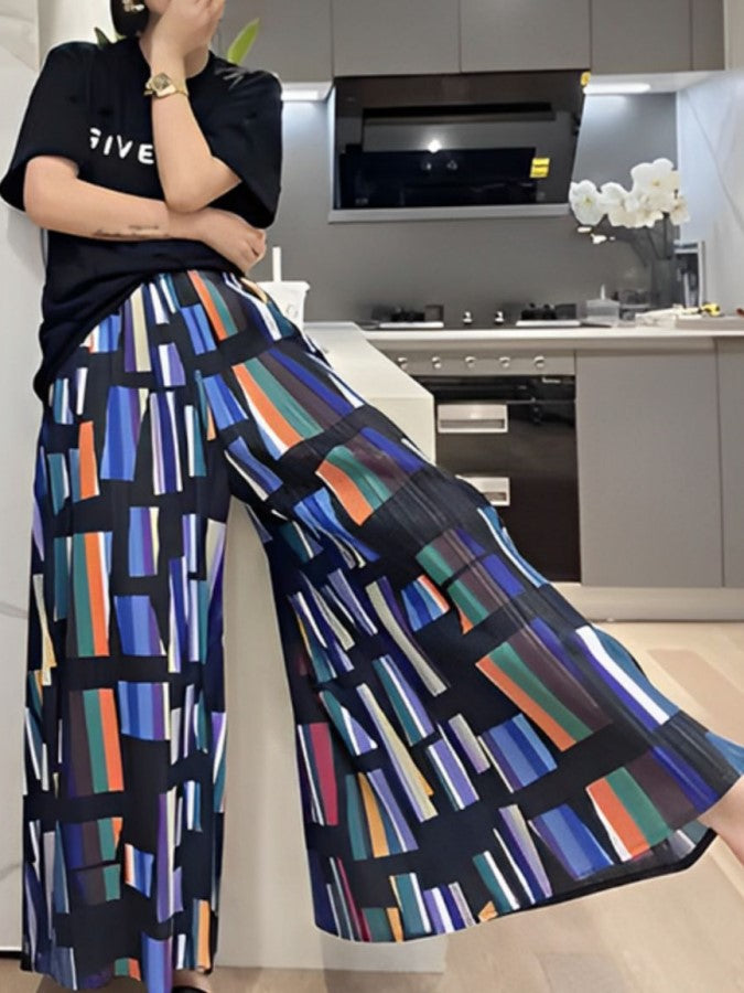 Color pattern wide drape pants X2257