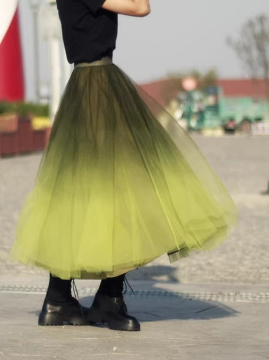 Gradient Sheer Layered Swing Long Skirt　X2269