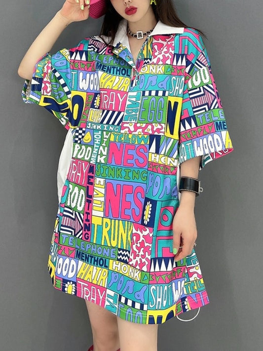 Colorful Letter Logo Lapel Shirt Mini Skirt Dress　X2297