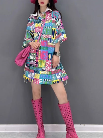 Colorful letter logo lapel shirt miniskirt dress X2297