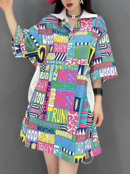 Colorful letter logo lapel shirt miniskirt dress X2297