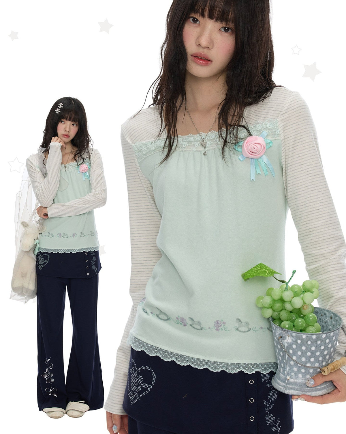 Striped Lace Patchwork Long Sleeve Top　X3698