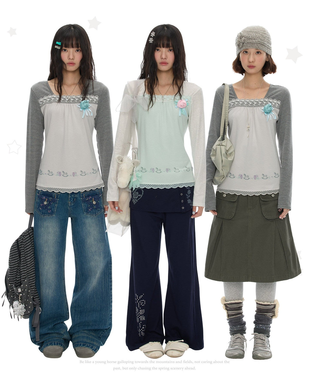 Striped Lace Patchwork Long Sleeve Top　X3698