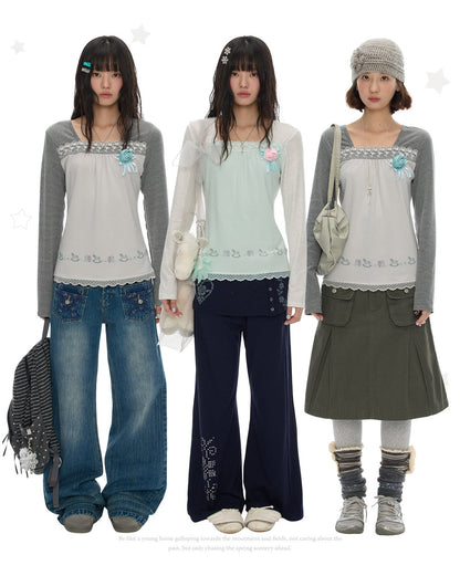 Striped Lace Patchwork Long Sleeve Top　X3698