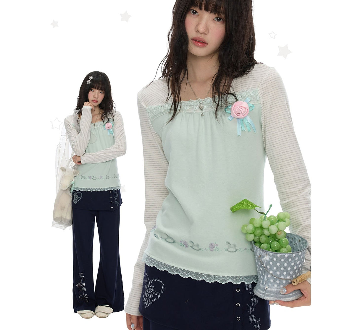 Striped Lace Patchwork Long Sleeve Top　X3698
