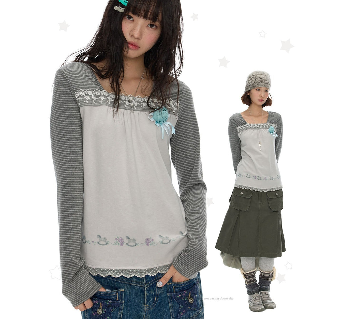 Striped Lace Patchwork Long Sleeve Top　X3698
