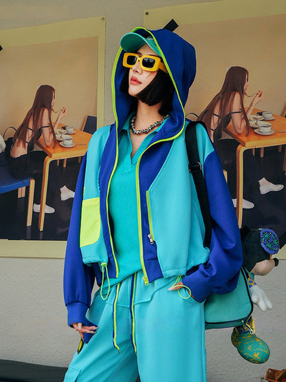 Colorblock Neon Trim Oversized Hooded Zip-Up Jacket　X3659