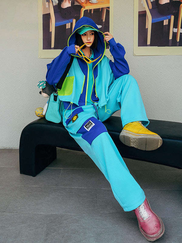 Colorblock Neon Trim Oversized Hooded Zip-Up Jacket　X3659