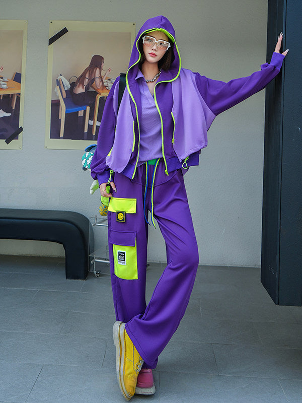 Colorblock Neon Trim Oversized Hooded Zip-Up Jacket　X3659