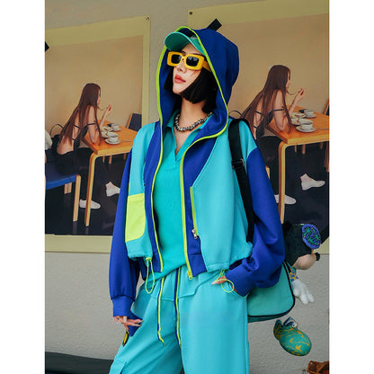 Colorblock Neon Trim Oversized Hooded Zip-Up Jacket　X3659