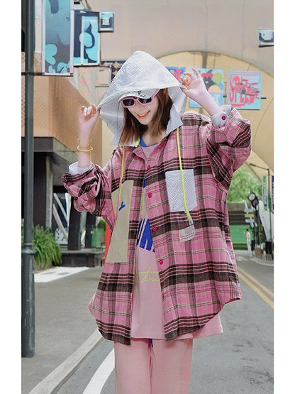 Smiley Applique Checked Oversized Hooded Shirt Jacket　X3660