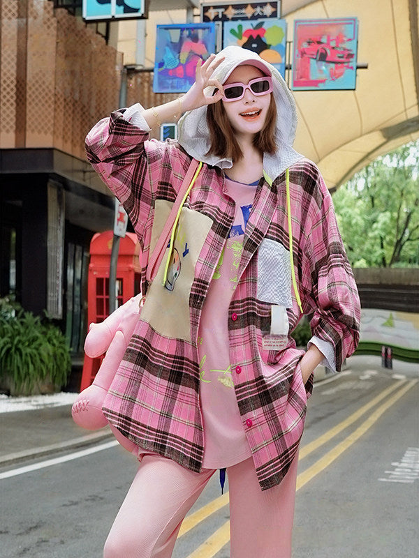 Smiley Applique Checked Oversized Hooded Shirt Jacket　X3660