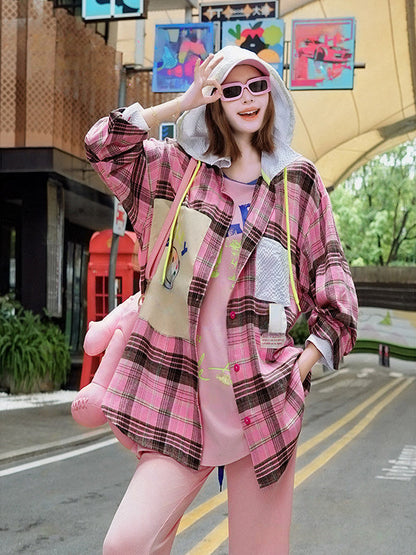 Smiley Applique Checked Oversized Hooded Shirt Jacket　X3660