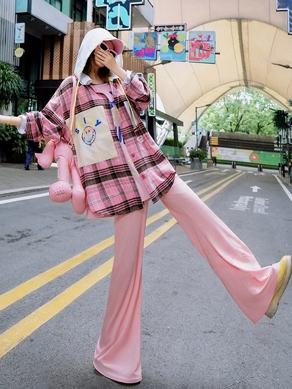 Smiley Applique Checked Oversized Hooded Shirt Jacket　X3660