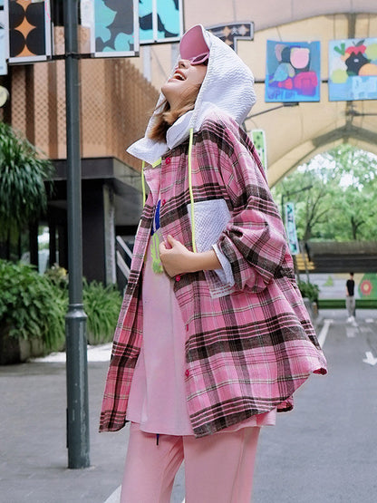 Smiley Applique Checked Oversized Hooded Shirt Jacket　X3660