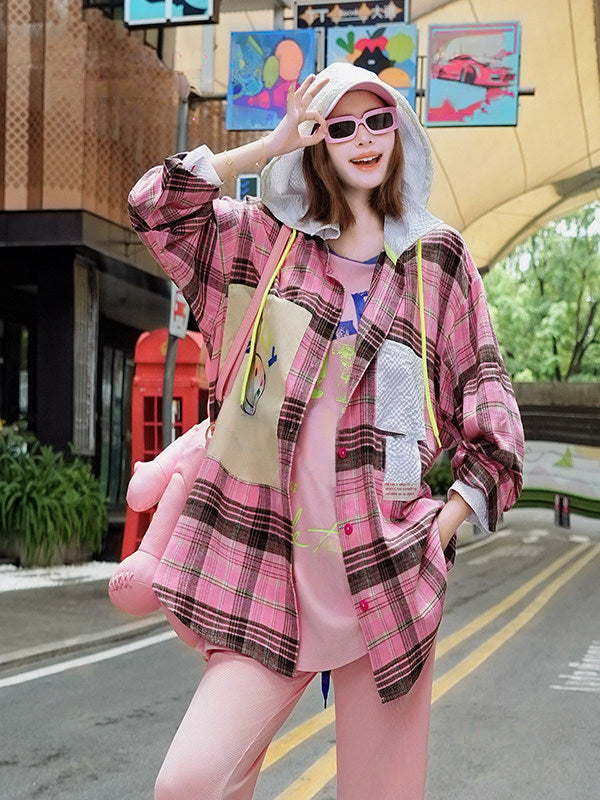 Smiley Applique Checked Oversized Hooded Shirt Jacket　X3660