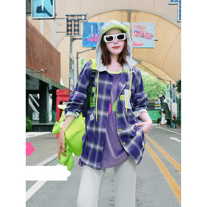 Smiley Applique Checked Oversized Hooded Shirt Jacket　X3660