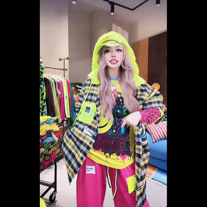 Smiley Applique Checked Oversized Hooded Shirt Jacket　X3660