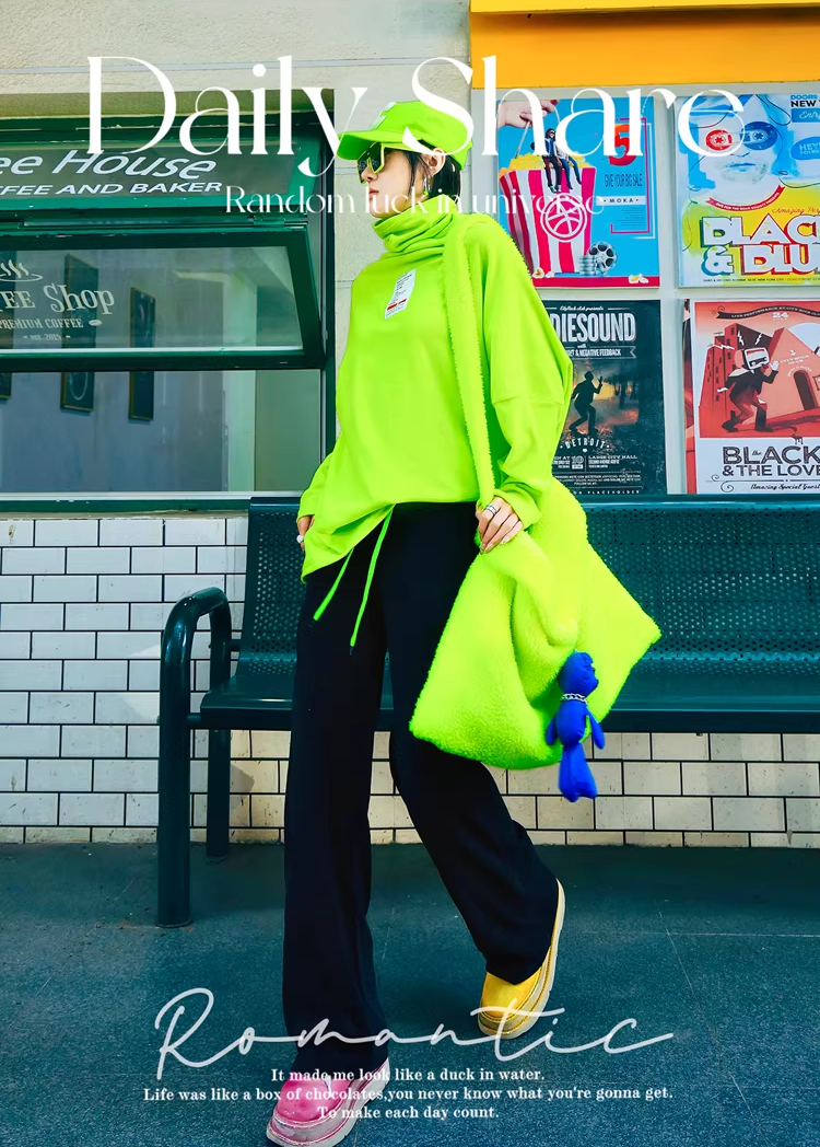 Color Batwing High-Neck Fleece Top　X3511