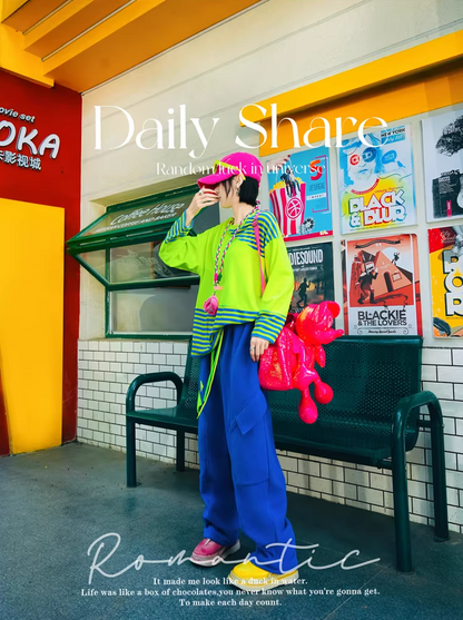 Color Block Striped Fleece Oversized Top　X3516