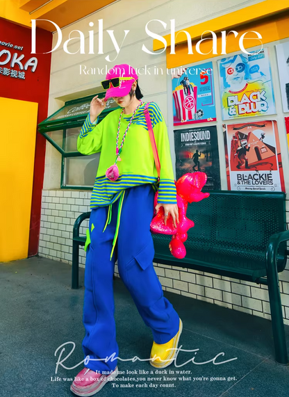 Color Block Striped Fleece Oversized Top　X3516