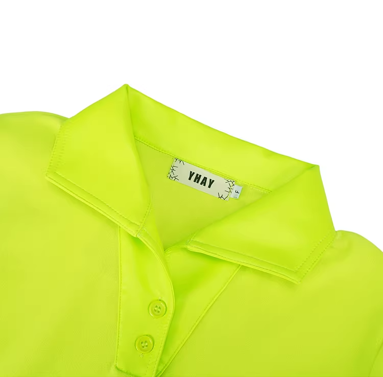 Neon Color PU Collar Fleece Polo Top X3515
