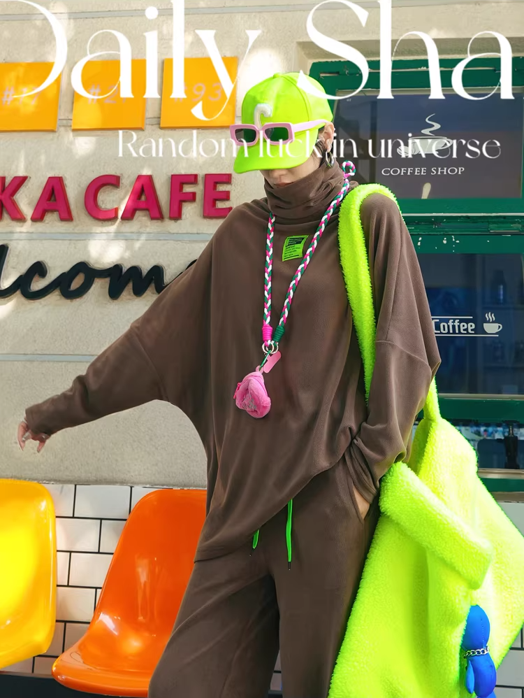 Color Batwing High-Neck Fleece Top　X3511