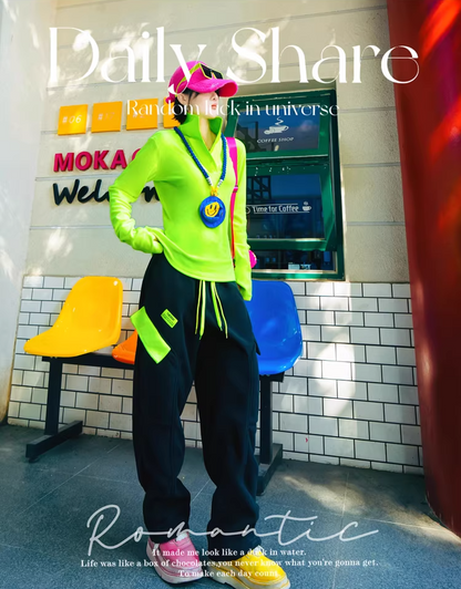 Neon Color PU Collar Fleece Polo Top X3515